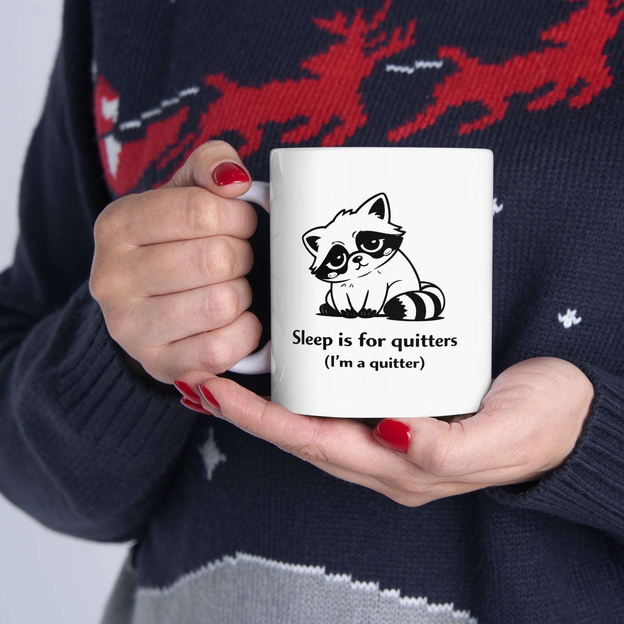 Tired Raccoon Mug – “Sleep Is for Quitters (I’m a Quitter)” | Funny Raccoon Coffee Cup